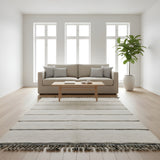 Ivory Striped Beni Ourain Style Moroccan Wool Rug styled in a bright living room