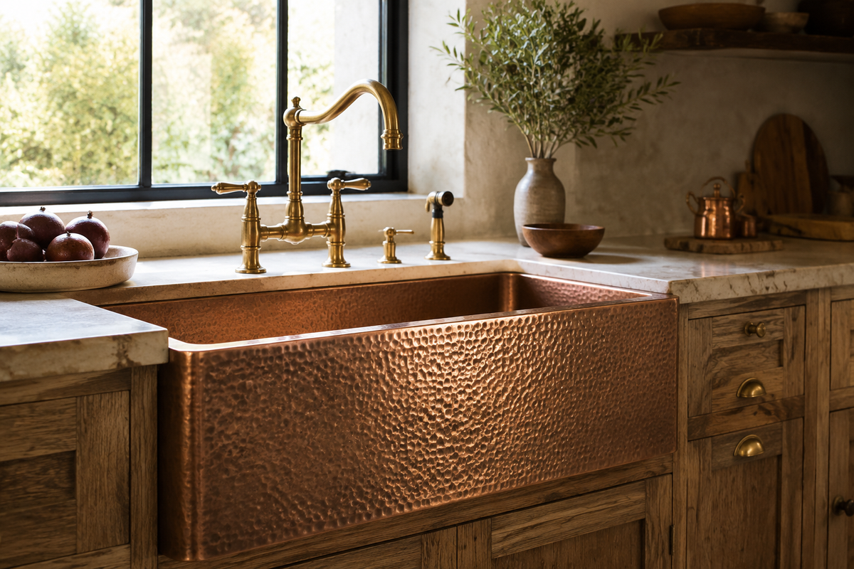 Handmade hammered copper farmhouse sink showing craftsmanship and long-term design value