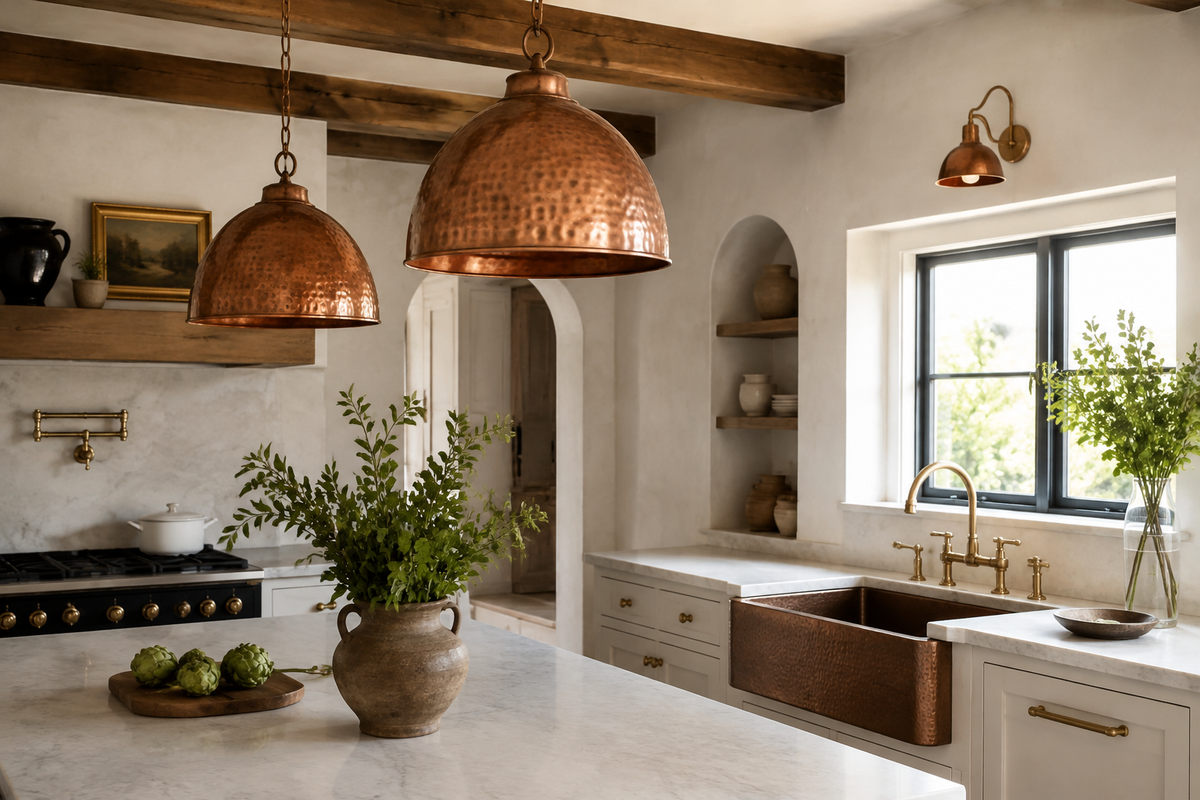 Farmhouse kitchen with copper island pendant lights, wall sconce, brass faucet, and copper sink