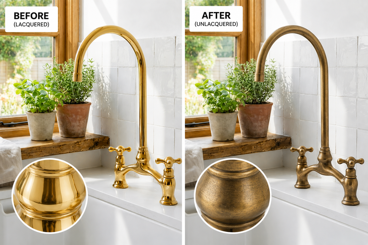 Before and after comparison of a lacquered brass bridge kitchen faucet and an unlacquered brass bridge kitchen faucet with close-up finish detail.