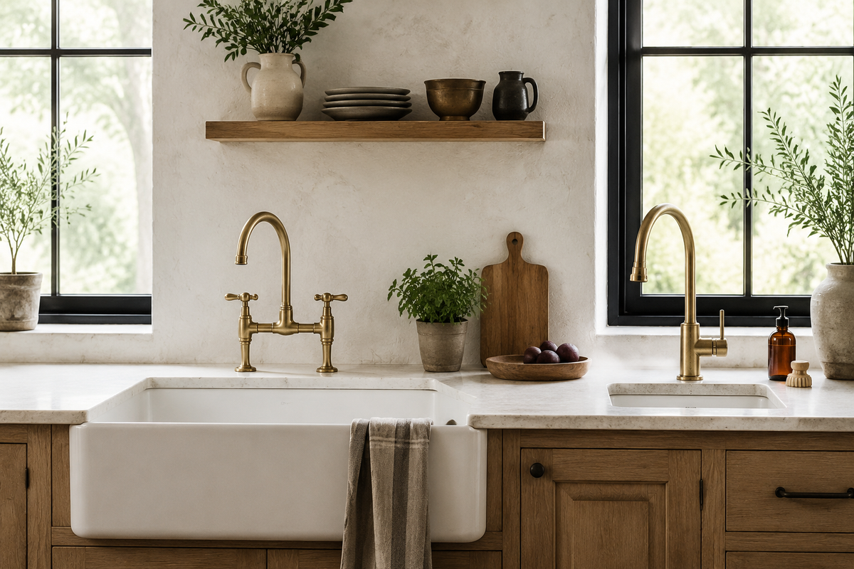Brass bridge faucet and single-hole kitchen faucet compared in a farmhouse kitchen