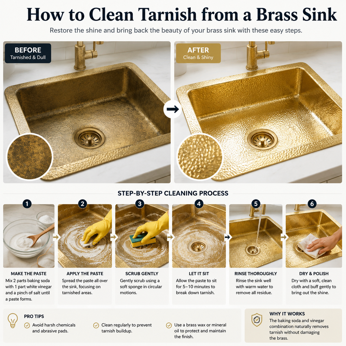 Hand polishing tarnished spots inside a brass sink basin with a soft cloth