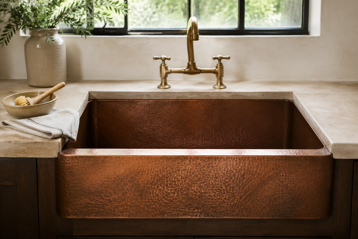Handcrafted hammered copper farmhouse sink illustrating copper sink pros and cons