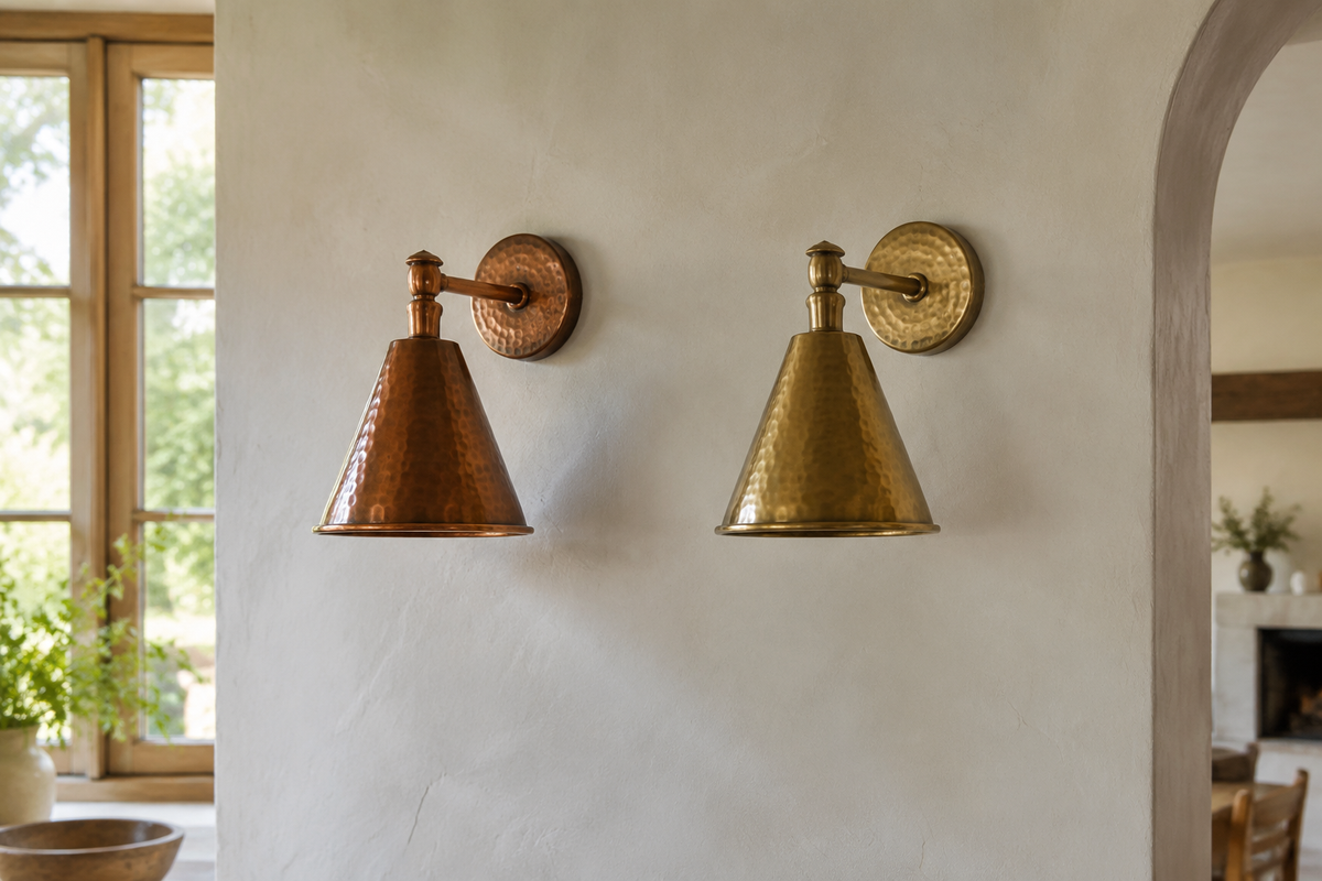 Hammered copper and brass wall sconces compared side by side on a plaster wall