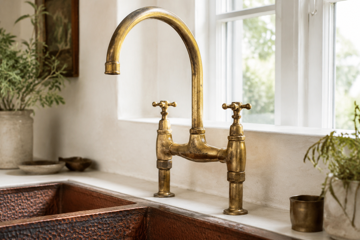 Unlacquered brass bridge kitchen faucet showing natural tarnish and living patina