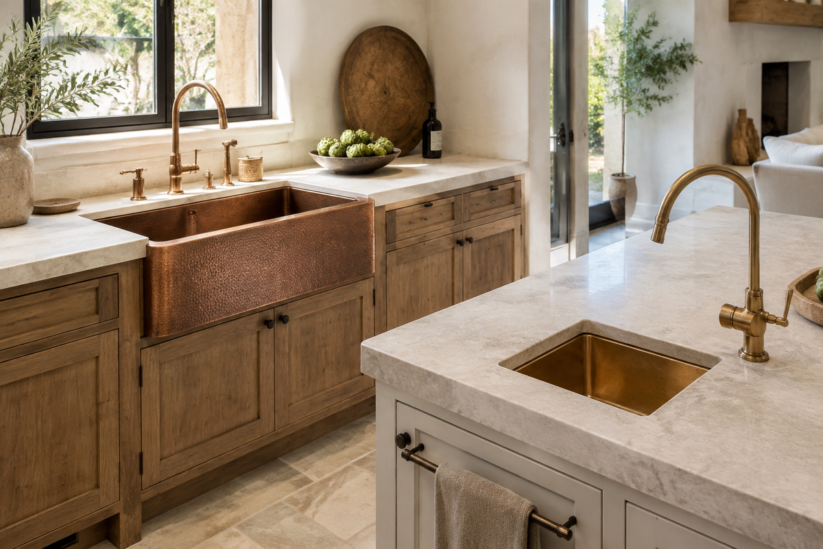 Copper apron-front farmhouse sink compared with an undermount brass kitchen island sink