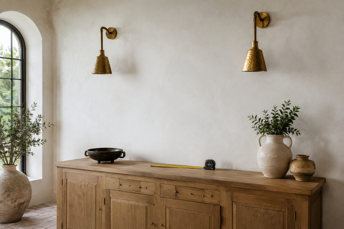 Two handcrafted brass wall sconces evenly spaced above an oak sideboard