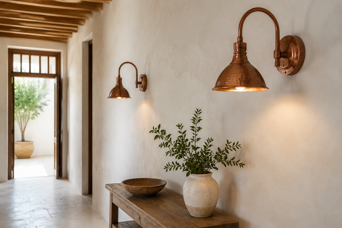 Handcrafted copper wall sconces mounted at comfortable eye height in a farmhouse hallway