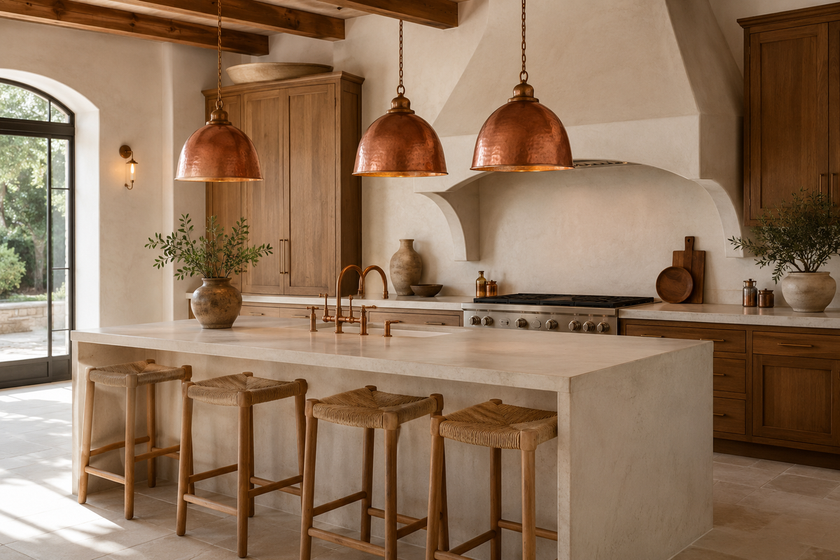 Three evenly spaced hammered copper pendant lights over a large farmhouse kitchen island