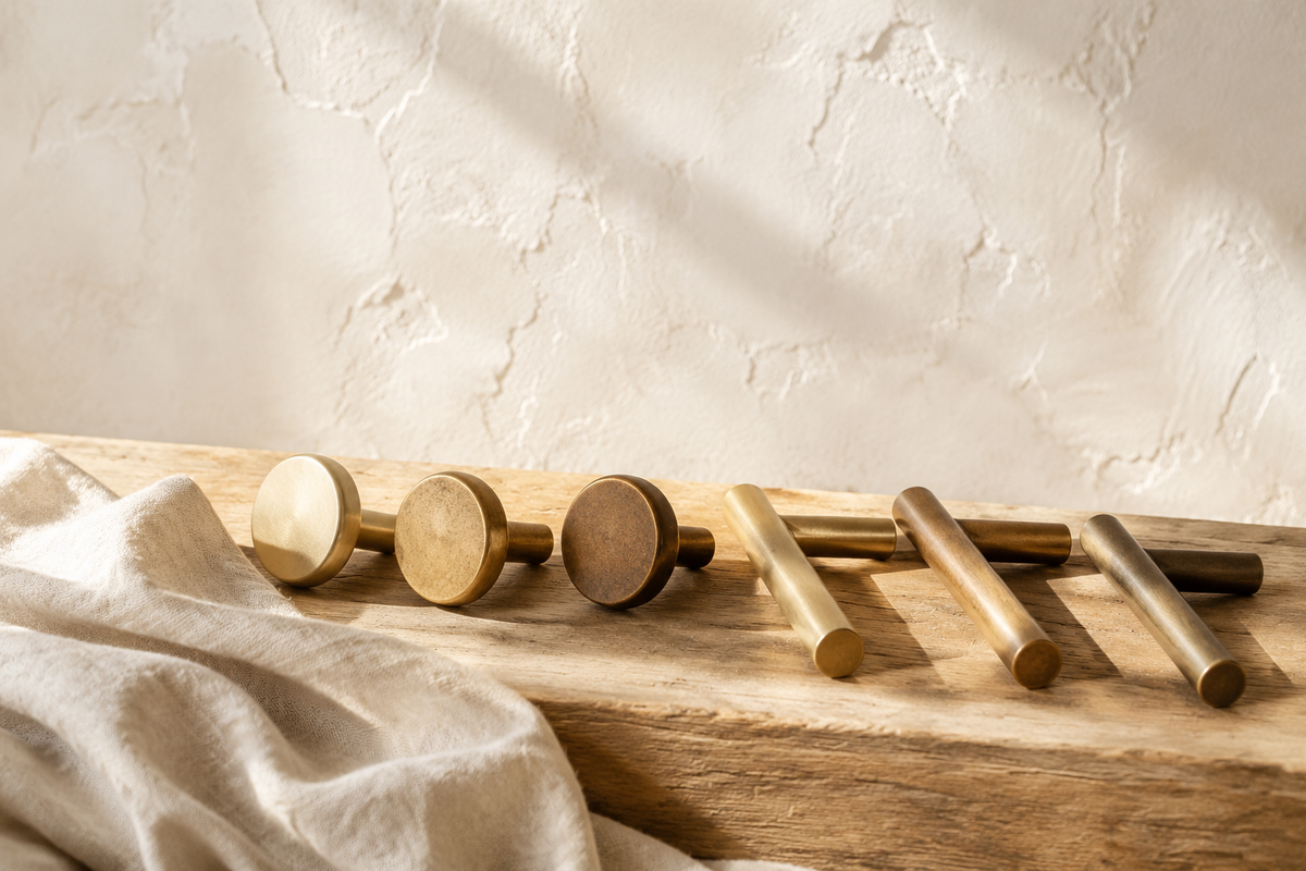 Solid brass finish samples showing naturally aged golden and bronze patina stages