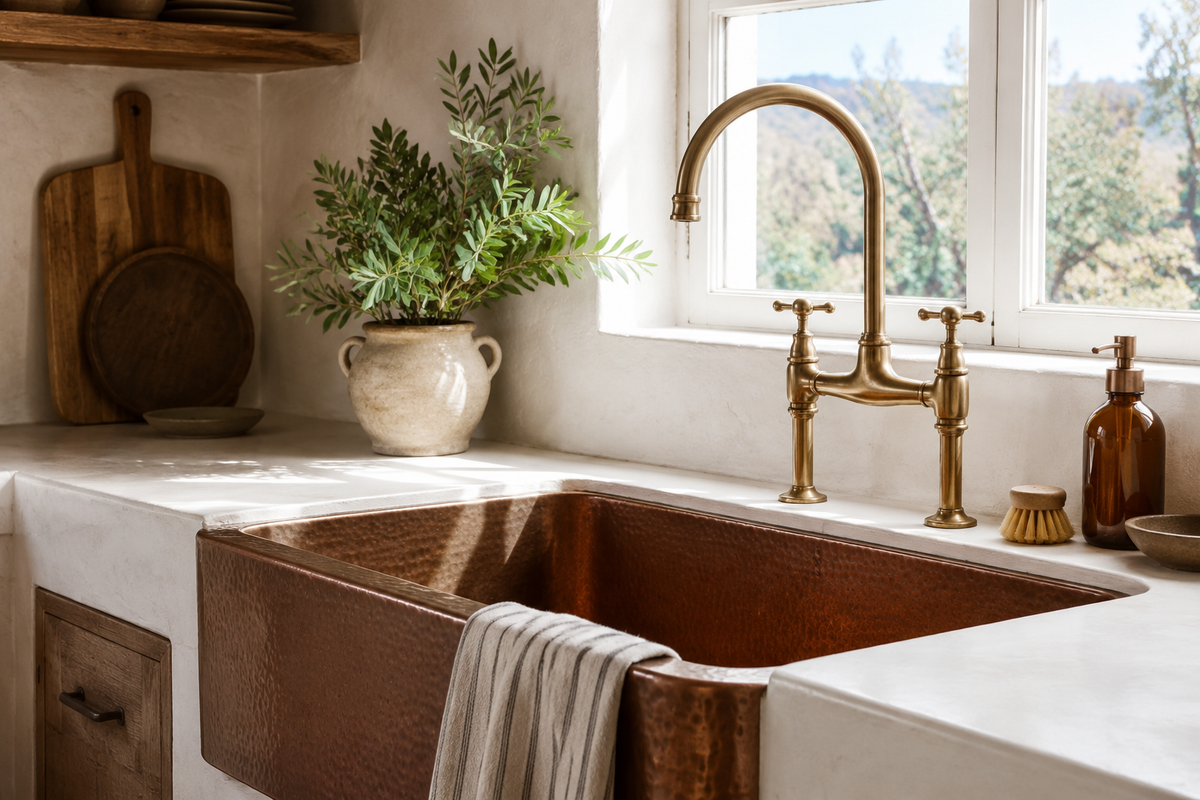 Handcrafted brass bridge kitchen faucet paired with a hammered copper farmhouse sink