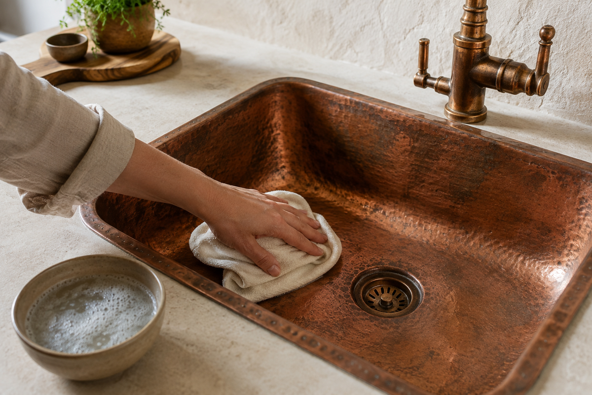 Gently cleaning a hammered copper kitchen sink with a soft cloth to protect natural patina