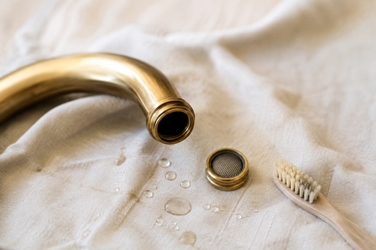 Removed brass faucet aerator and mesh screen beside a soft cleaning brush