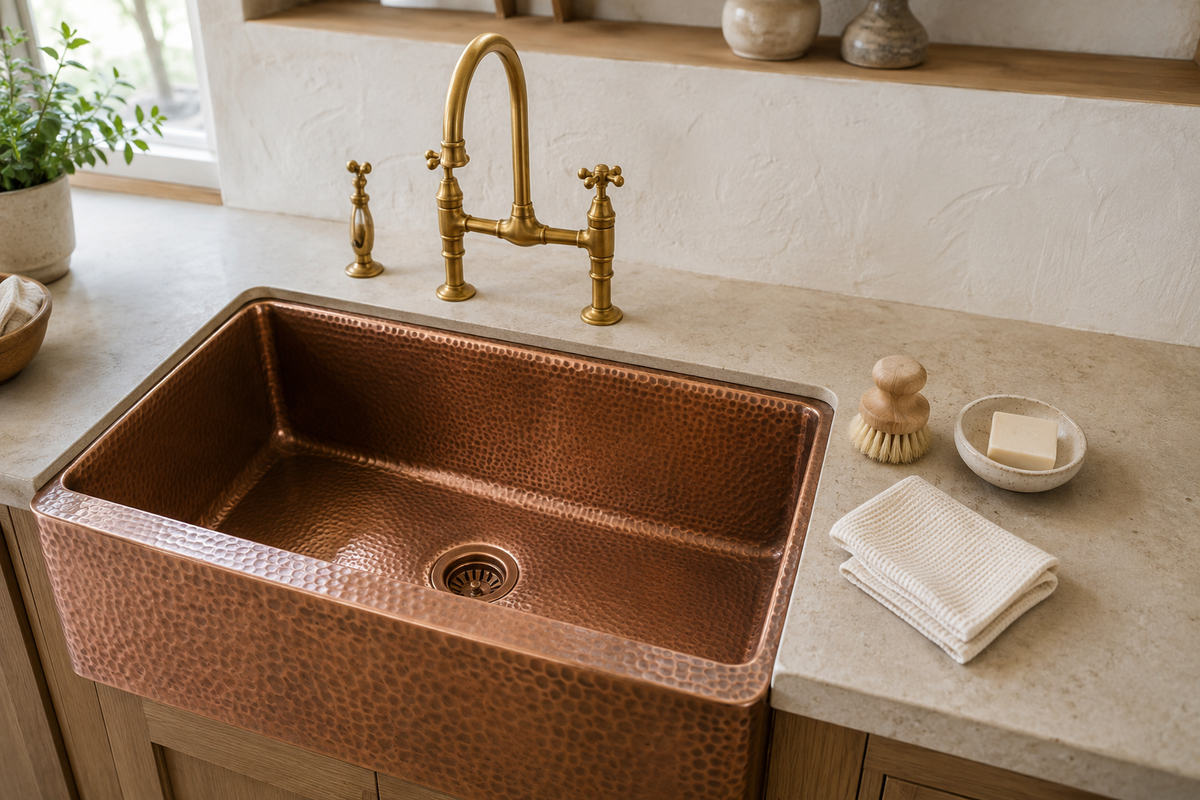 Clean kitchen sink drain in a handcrafted hammered copper farmhouse sink with brass faucet