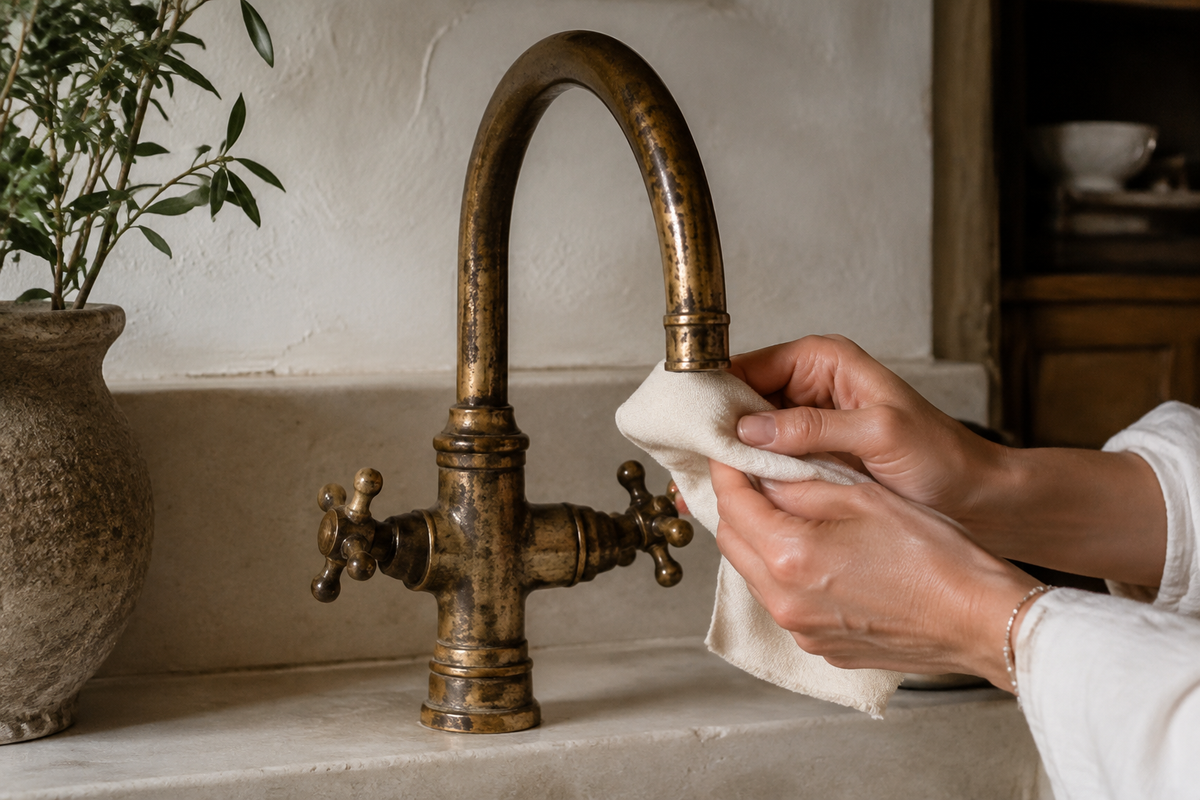 Gently cleaning an oxidized unlacquered brass faucet with a soft cloth