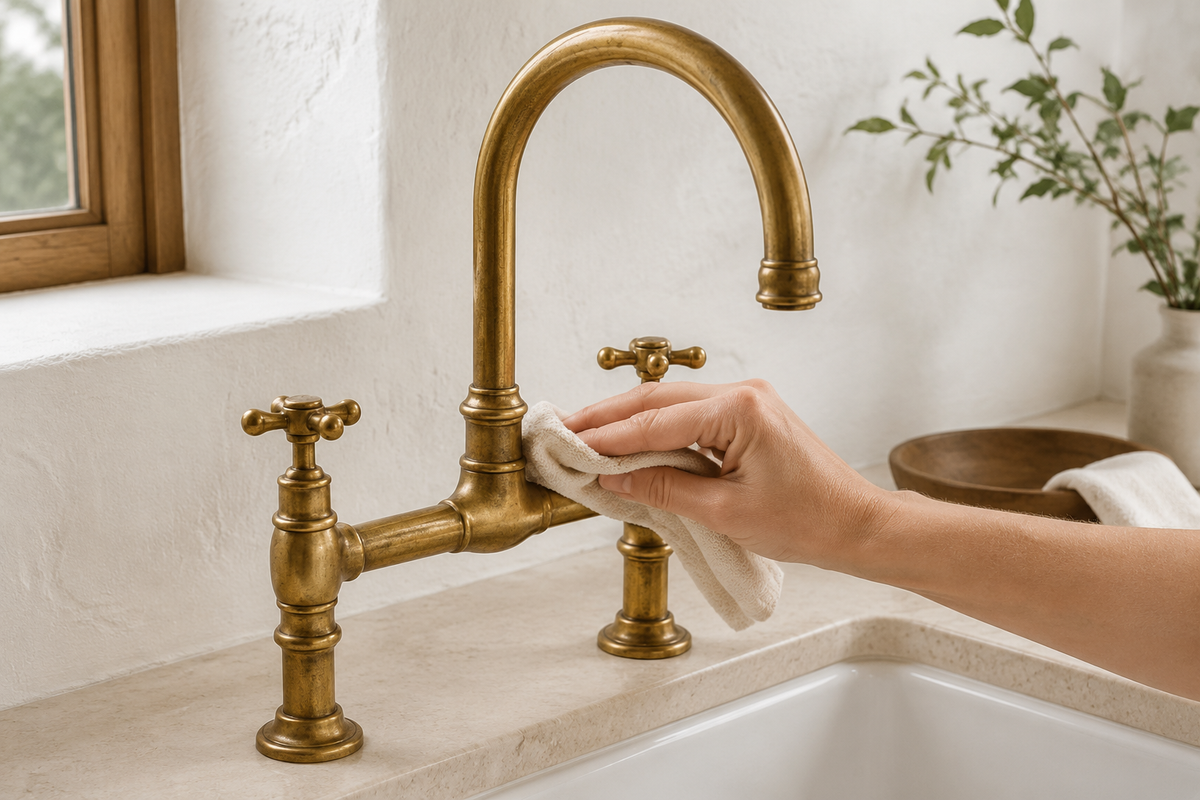 Gently cleaning an unlacquered brass bridge faucet with a soft microfiber cloth