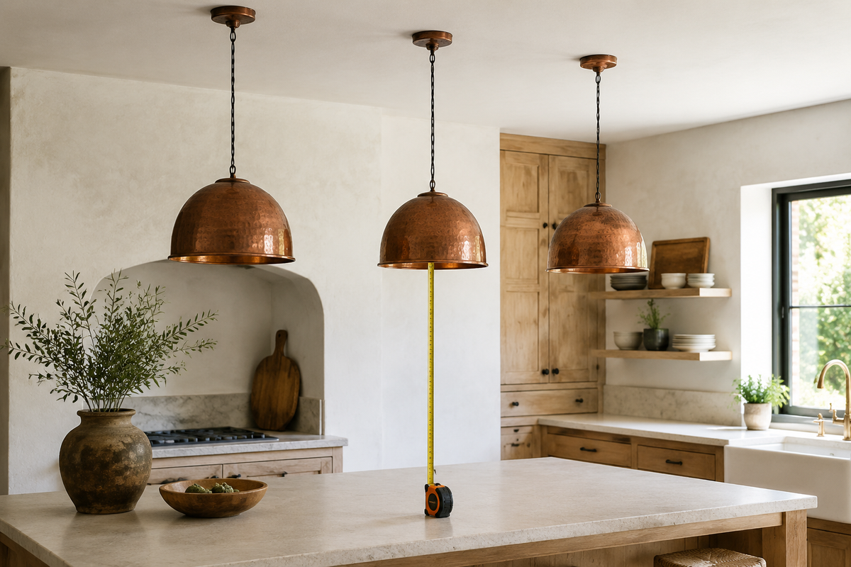 Three hammered copper pendant lights evenly hung above a farmhouse kitchen island