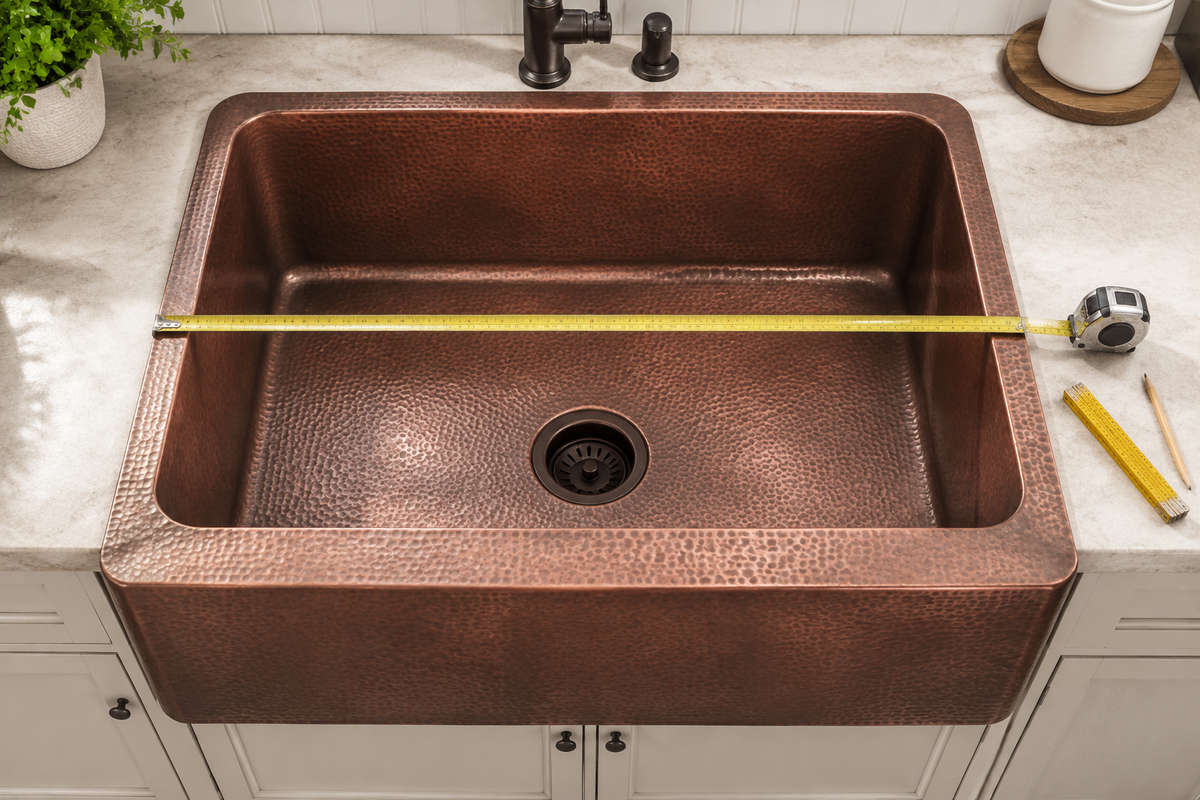 Measuring the overall width of a hammered copper farmhouse kitchen sink
