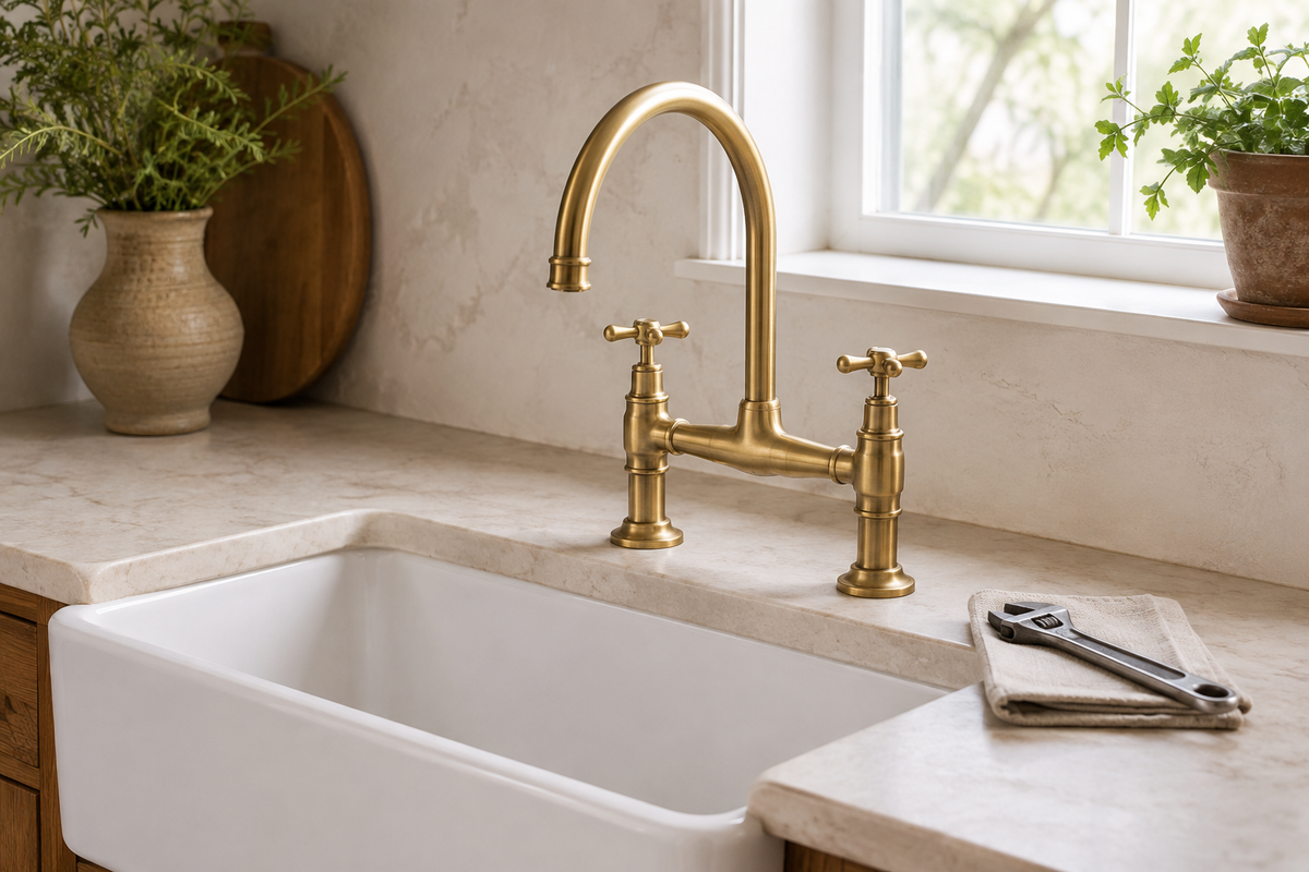 New unlacquered brass bridge faucet installed above a farmhouse kitchen sink