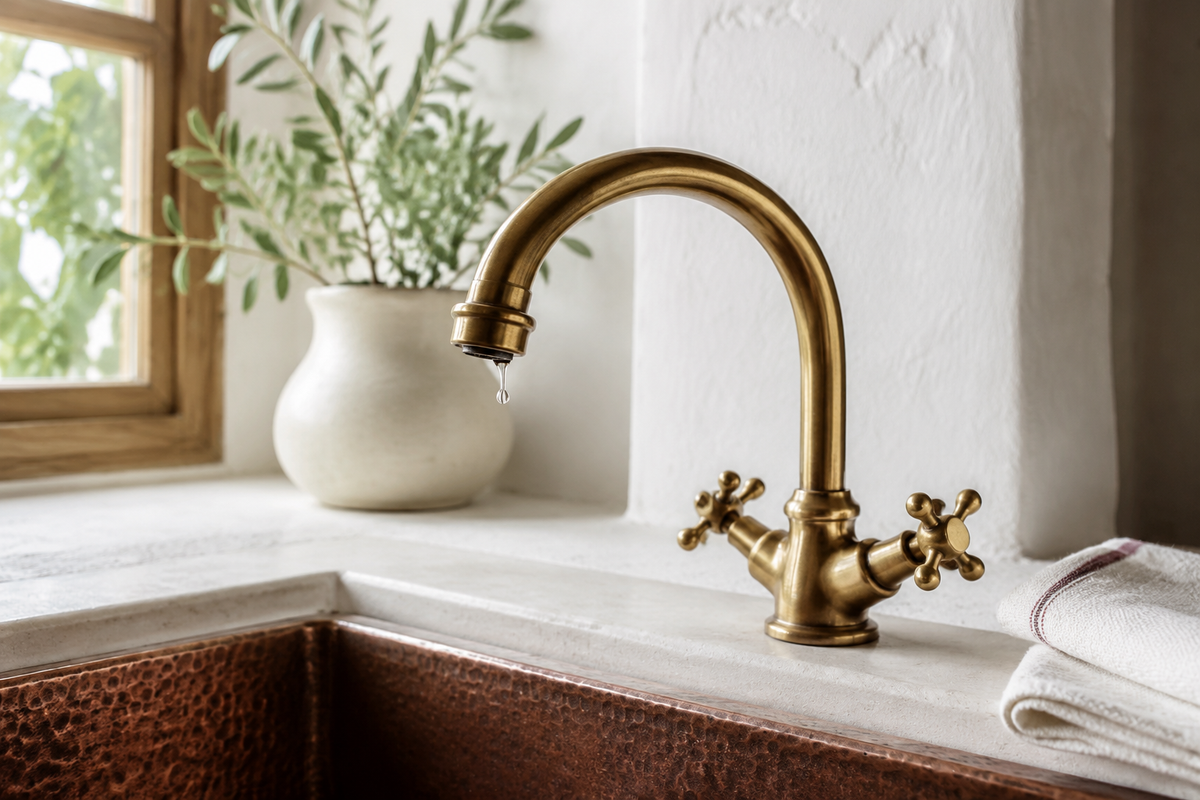 Brass kitchen faucet with a water droplet above a hammered copper farmhouse sink