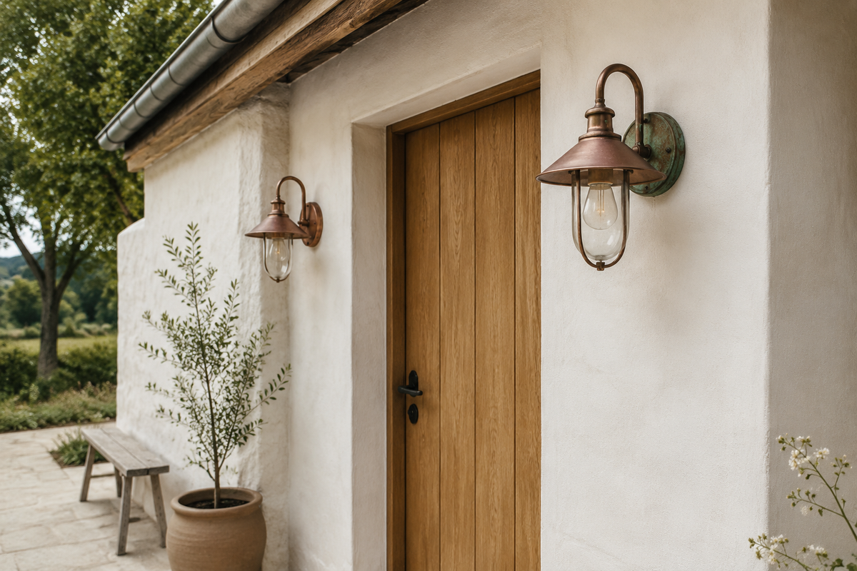 Copper outdoor wall sconces placed on both sides of a farmhouse front door