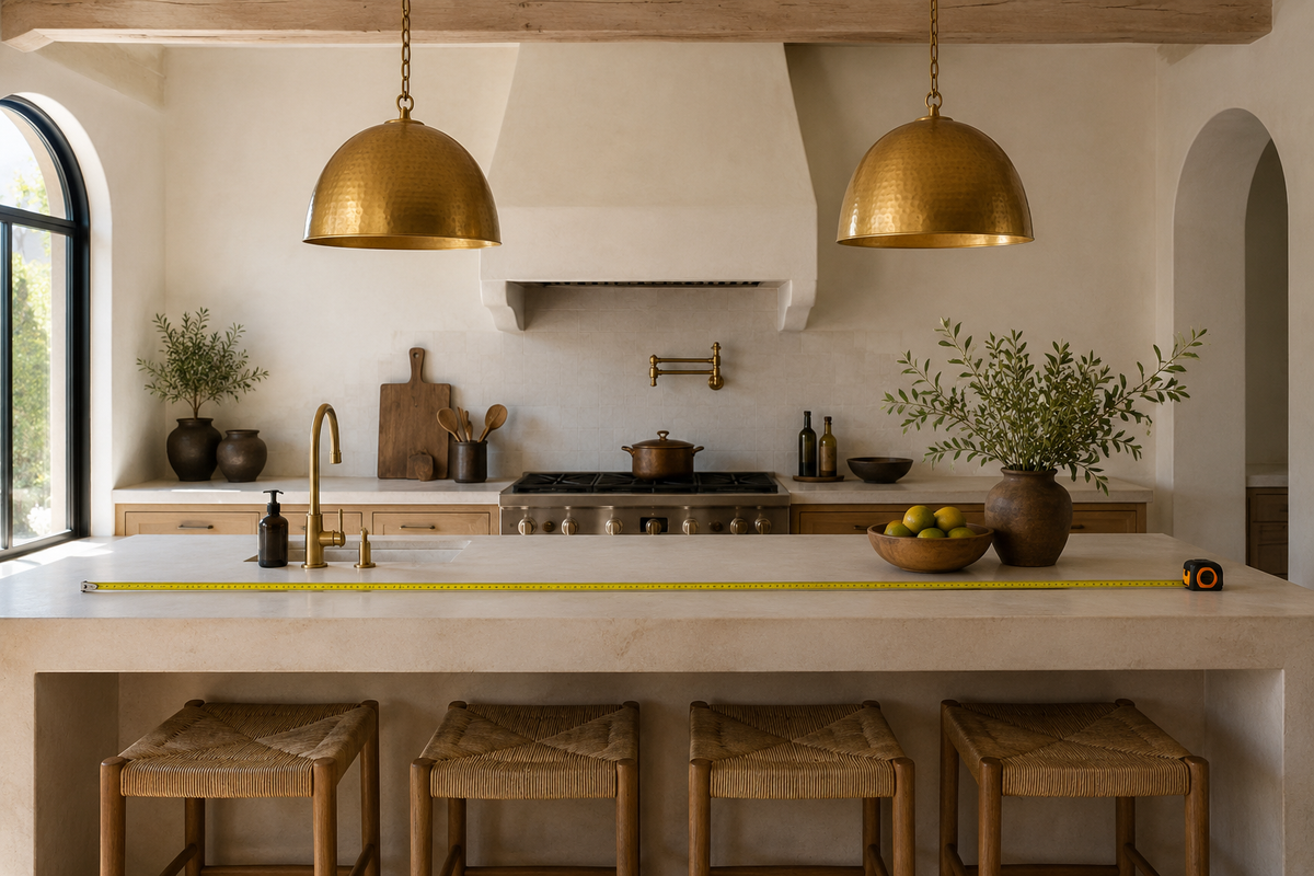 Measuring pendant light spacing for two hammered brass lights above a kitchen island