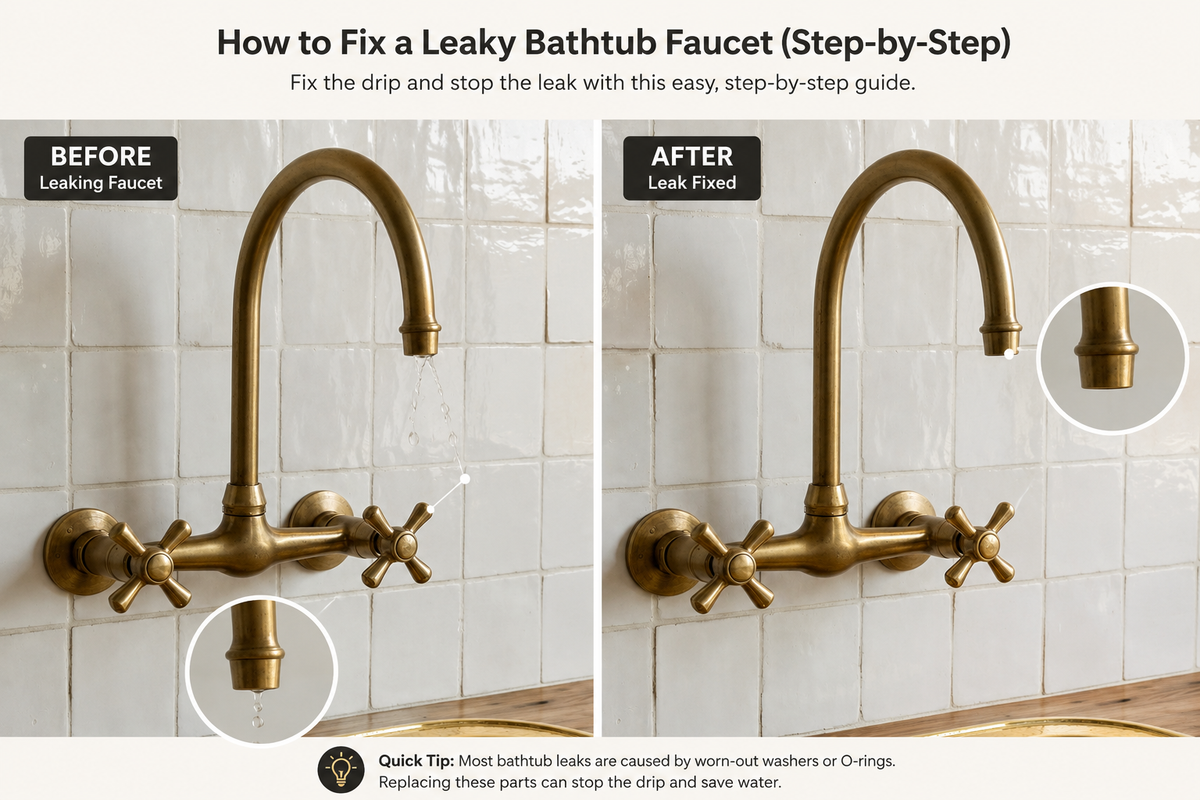 Step-by-step comparison showing a leaking bathtub faucet before replacing a worn cartridge valve and a leak-free faucet after repair.