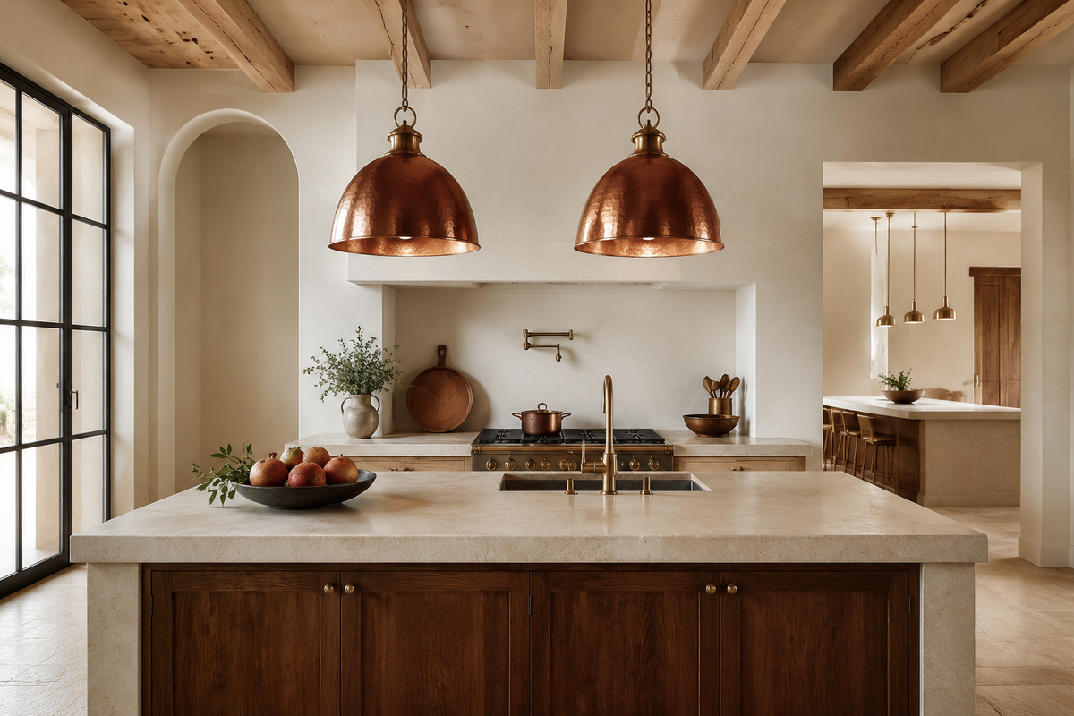 Two large hammered copper pendant lights over a farmhouse kitchen island