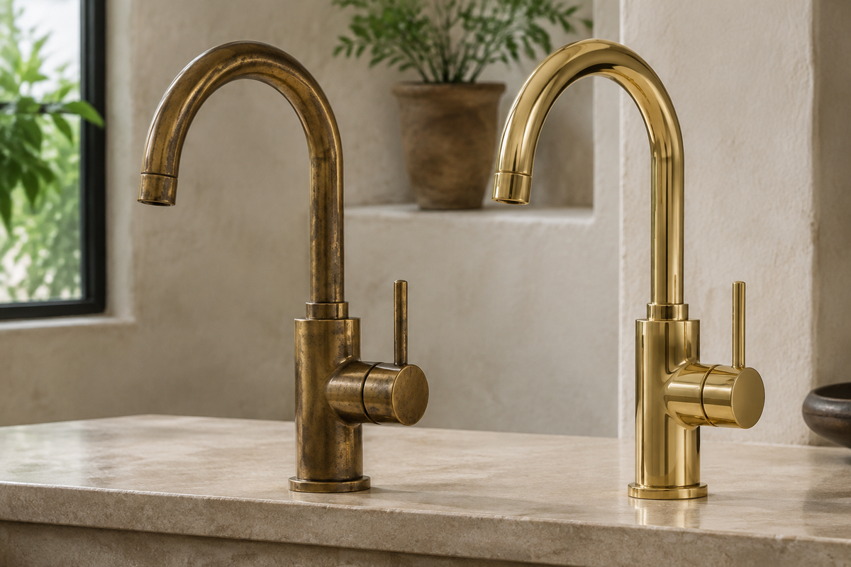 Comparison of naturally aged unlacquered brass and polished lacquered brass faucet finishes