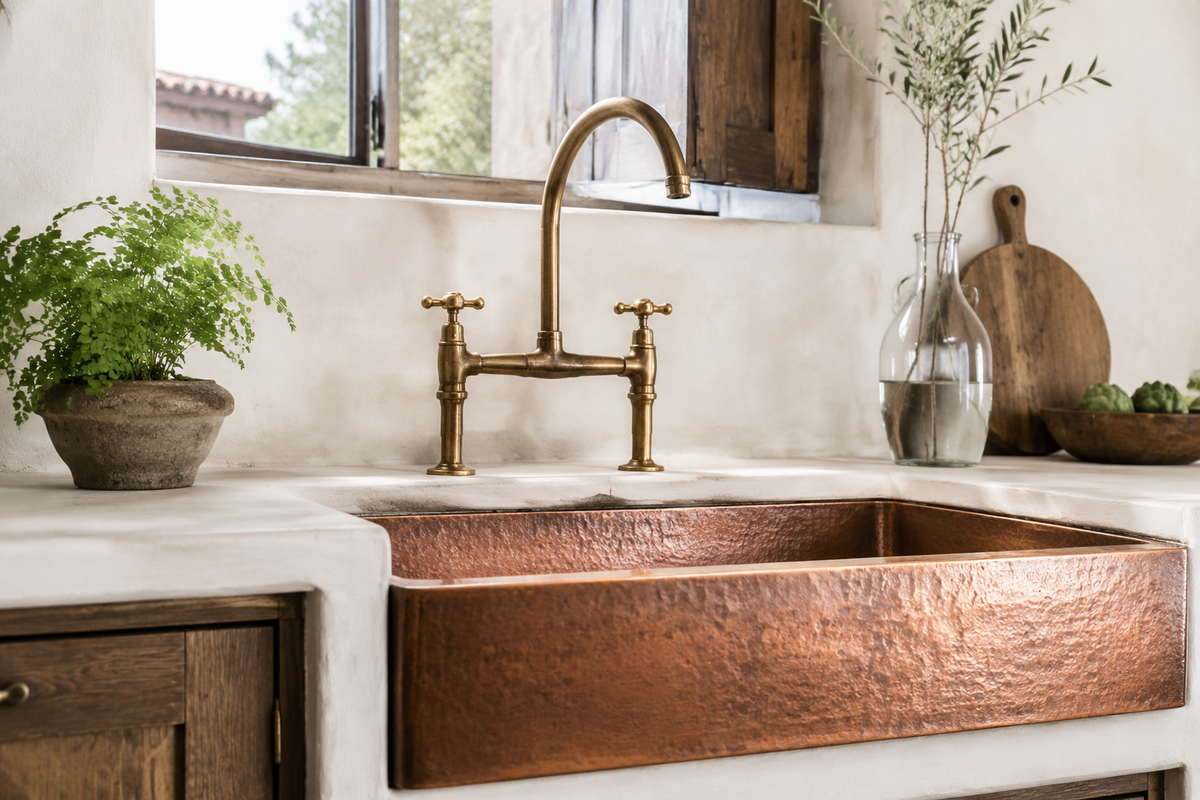 Solid brass bridge kitchen faucet with two handles and a horizontal connecting bridge