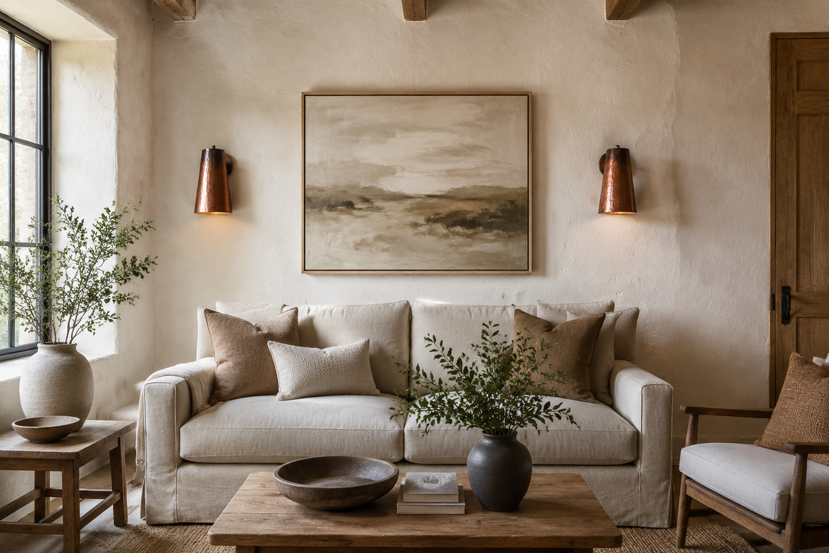 Copper wall sconces positioned beside a sofa and artwork in a farmhouse living room