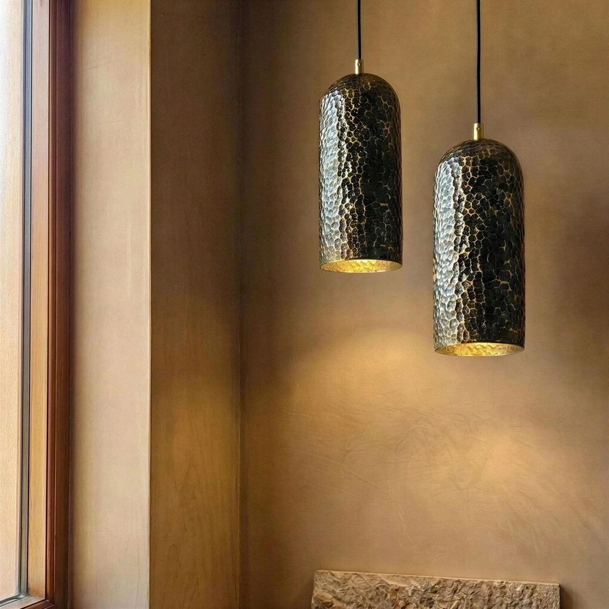 Two Hammered Brass Pendant Light Set, Set of 2 Cylindrical Rustic Hanging Lamp