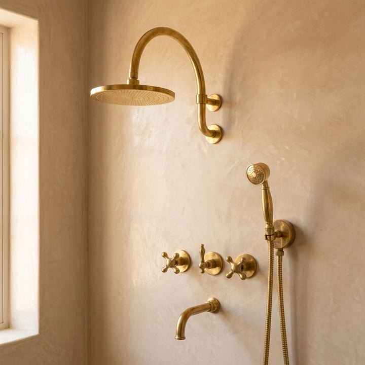 Gooseneck Rain Shower System with Hand Shower & Tub Spout - bathroom installation view 5
