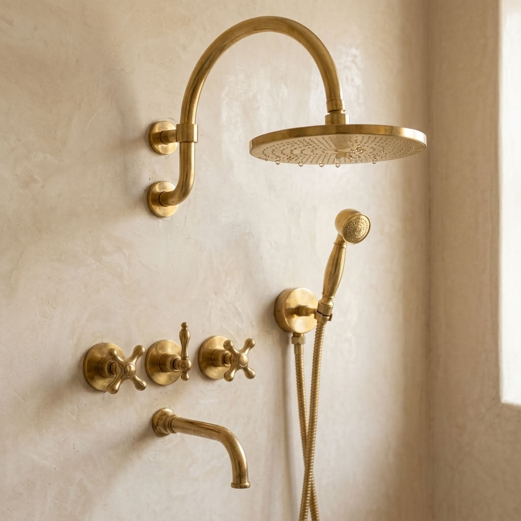 Gooseneck Rain Shower System with Hand Shower & Tub Spout - bathroom installation view 2