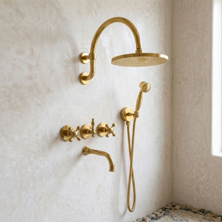 Gooseneck Rain Shower System with Hand Shower & Tub Spout - bathroom installation view 1
