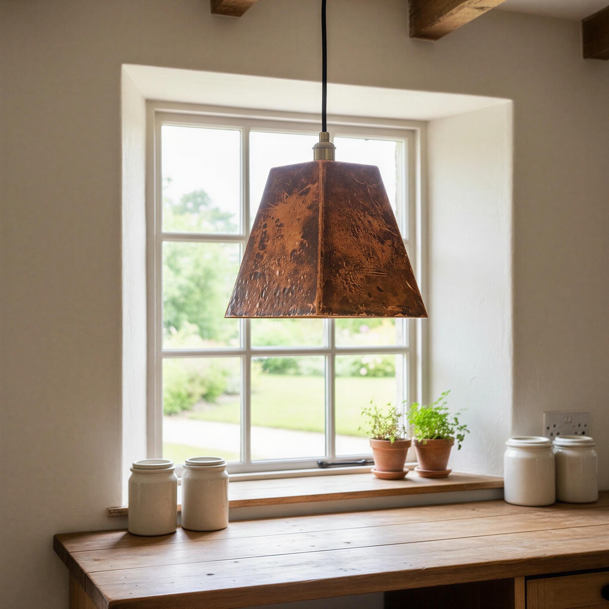 Rustic Copper Pyramid Pendant Light, Handcrafted Farmhouse Kitchen Island Lighting, Aged Copper Square Shade