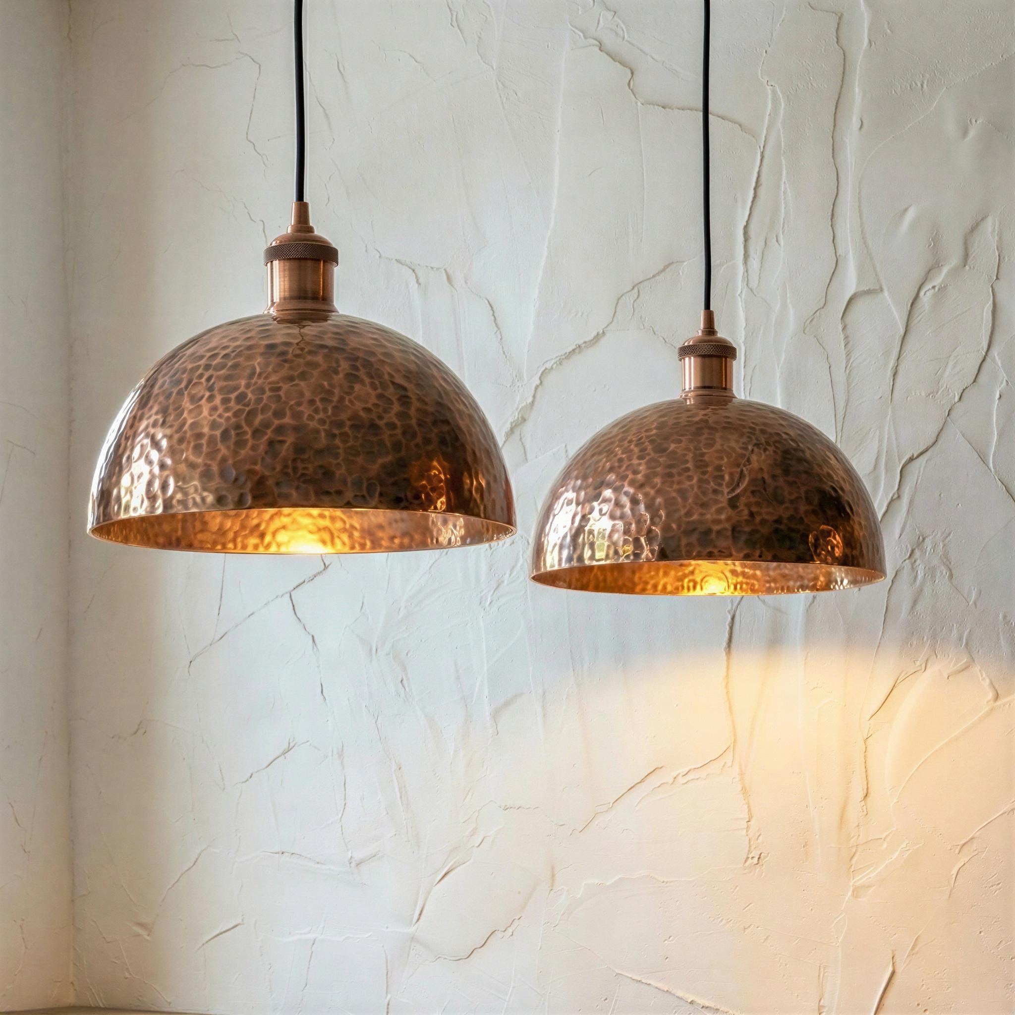 Set of 2 Hammered Copper Pendant Lights, Two Antique Copper Dome Lamps