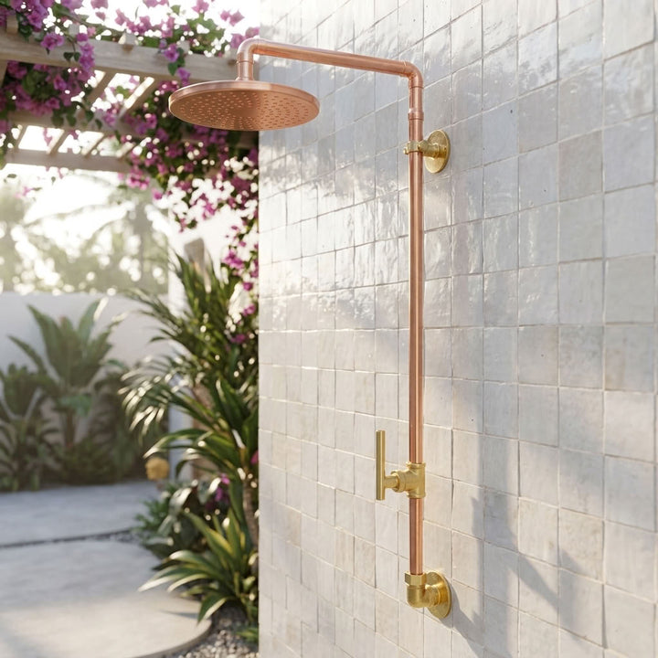 Outdoor Exposed Rain Shower System with Round Head - outdoor shower installation view 2