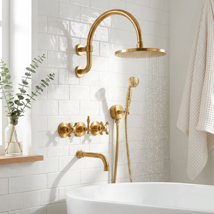 Gooseneck Rain Shower System with Hand Shower & Tub Spout - bathroom installation view 3