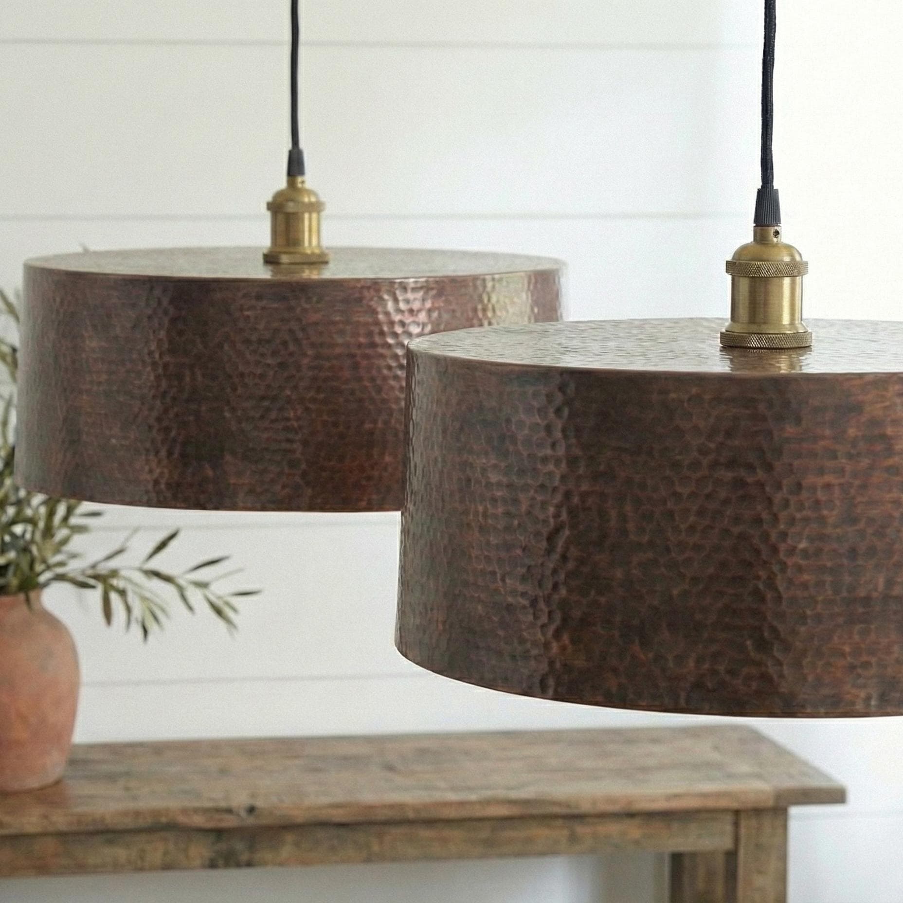 Set of 2 Hammered Copper Drum Pendant Lights: Barrel Light Fixture
