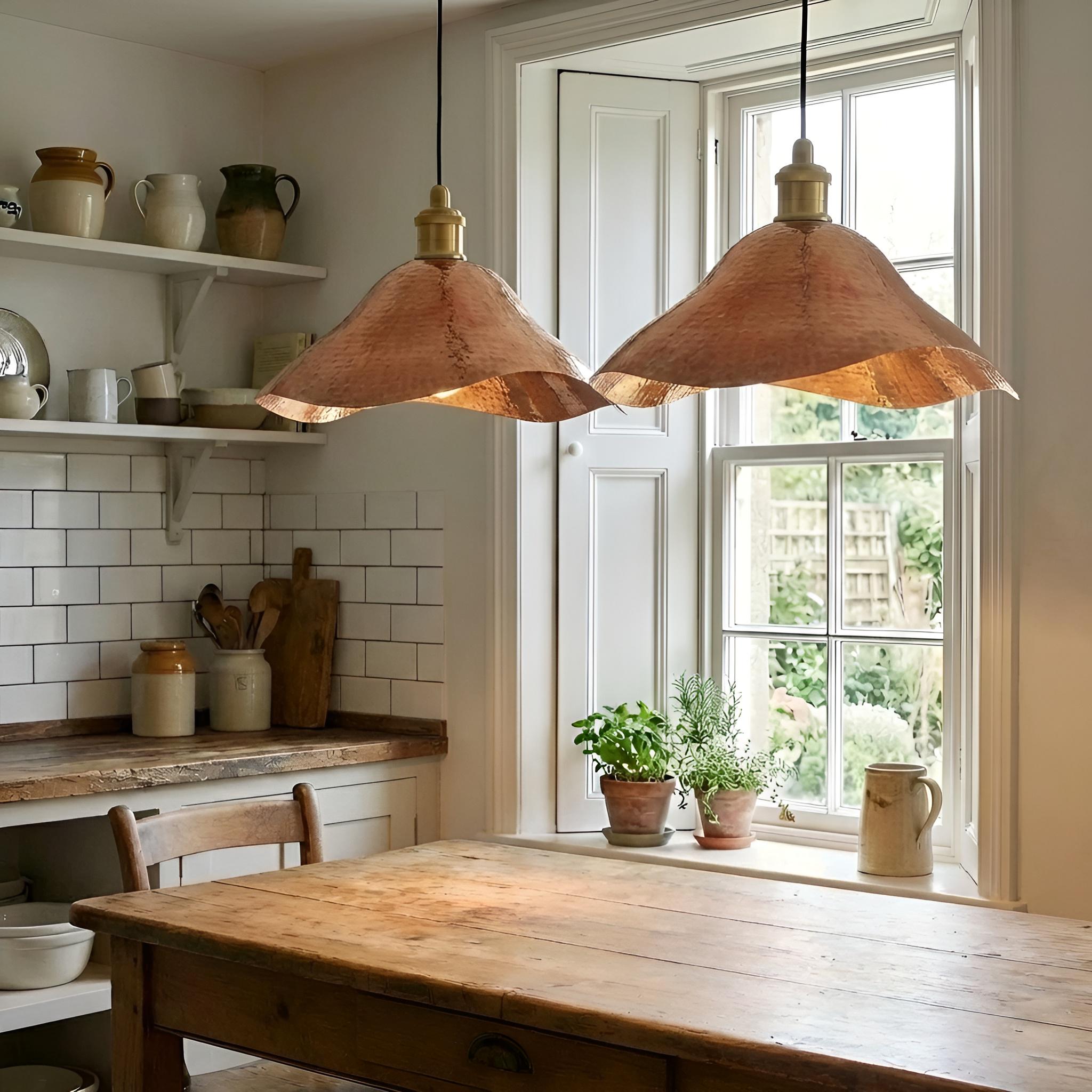 Wavy Hammered Copper Pendant Light, Handmade Copper Kitchen Island Lighting, Organic Flower Shade