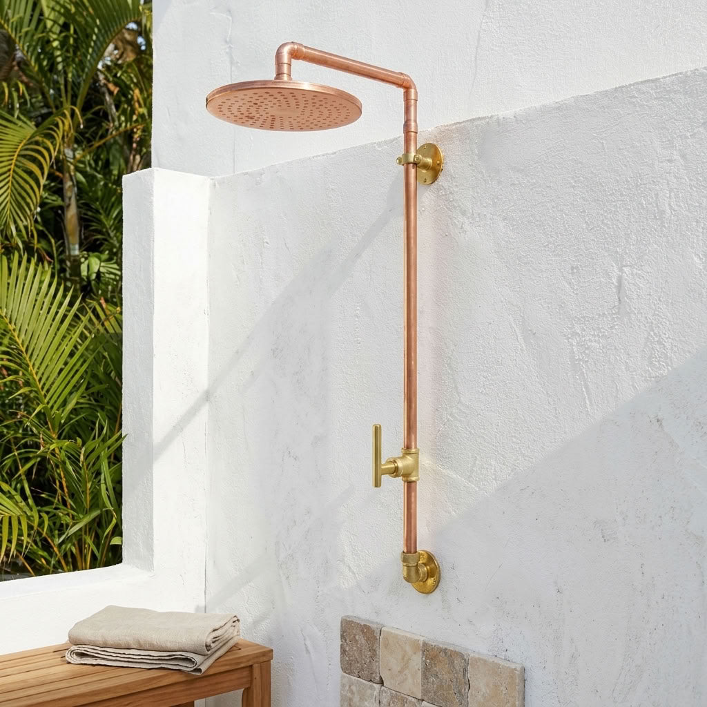 Outdoor Exposed Rain Shower System with Round Head - outdoor shower installation view 3