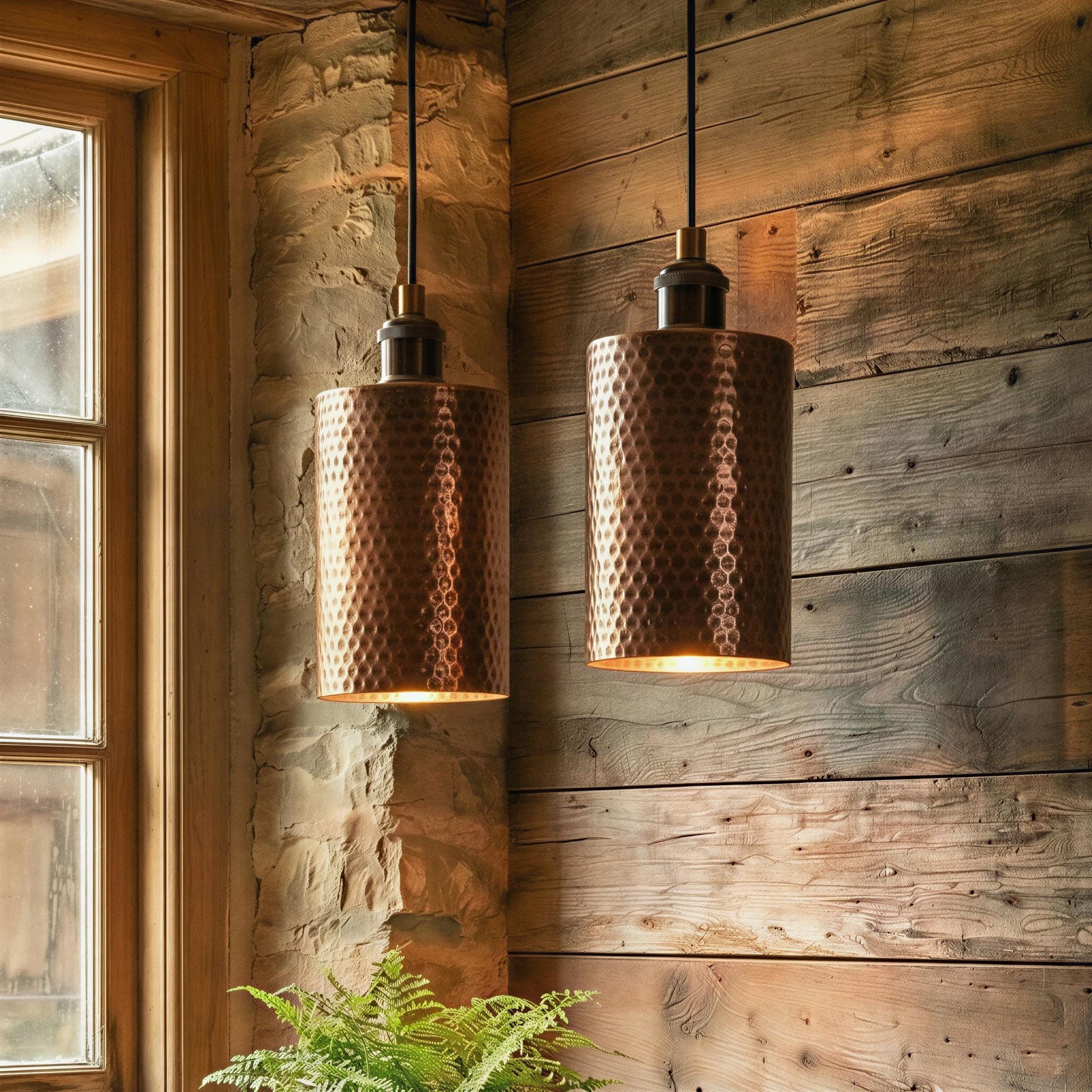 Set of Two Rustic Farmhouse Cylinder Lamps | Handcrafted Hammered Copper Pendant Lights