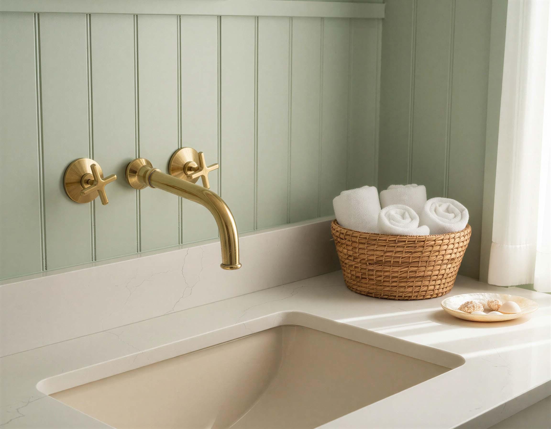Beige sink with gold faucet against a green paneled wall