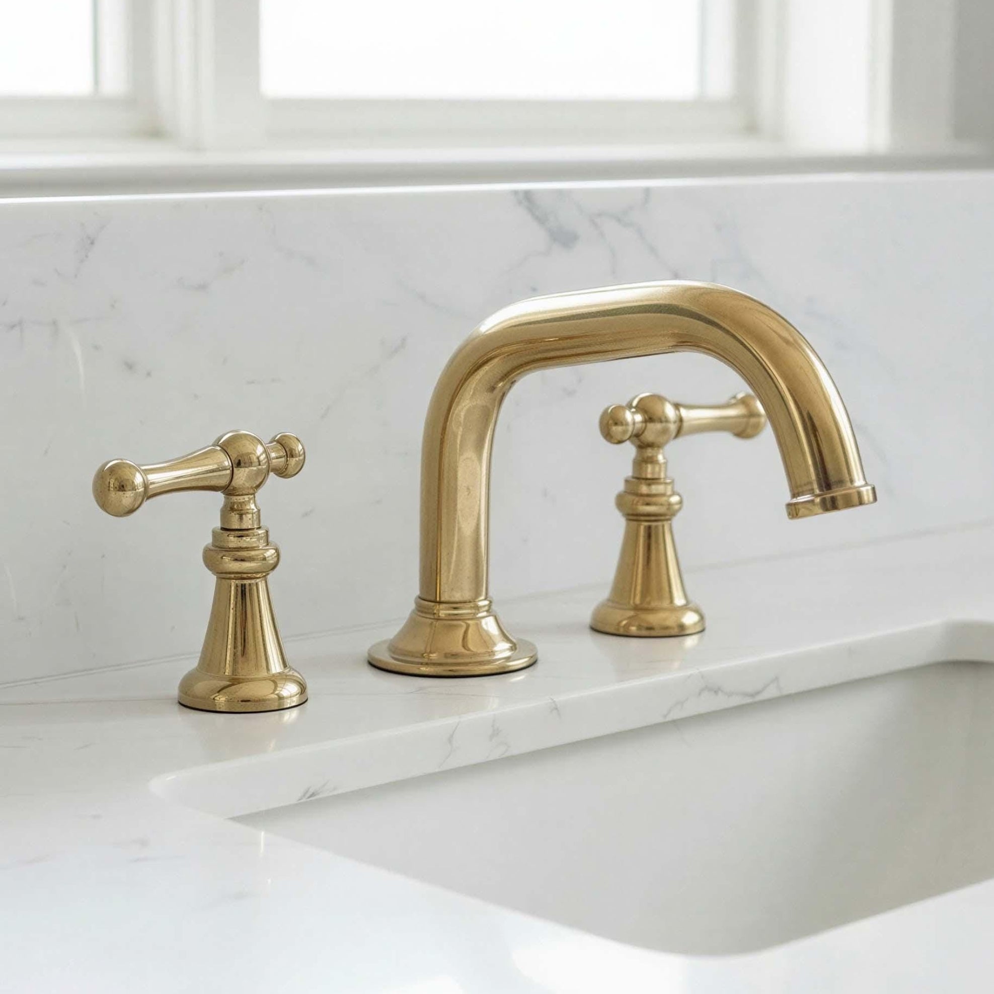 Unlacquered Widespread Brass Bathroom Sink Faucet: Solid Tap Mixer with Lever Handles