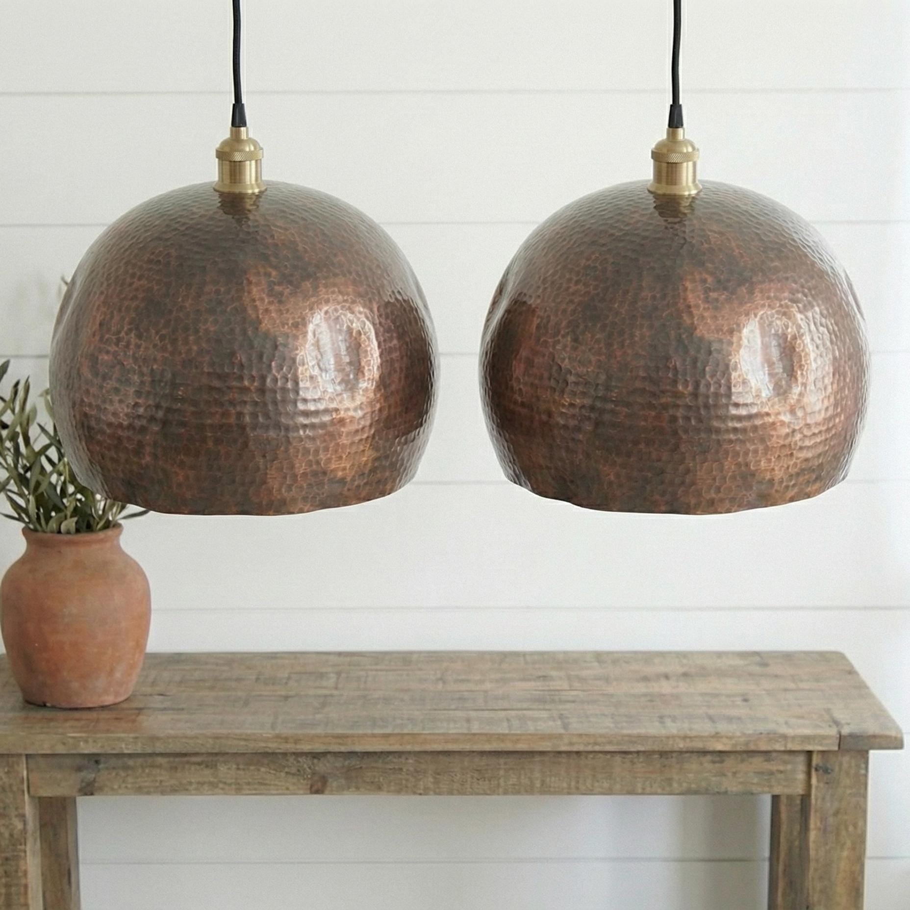 Set of 2 Hammered Copper Dome Pendant Lights, Rustic Hand Beaten Kitchen Lights