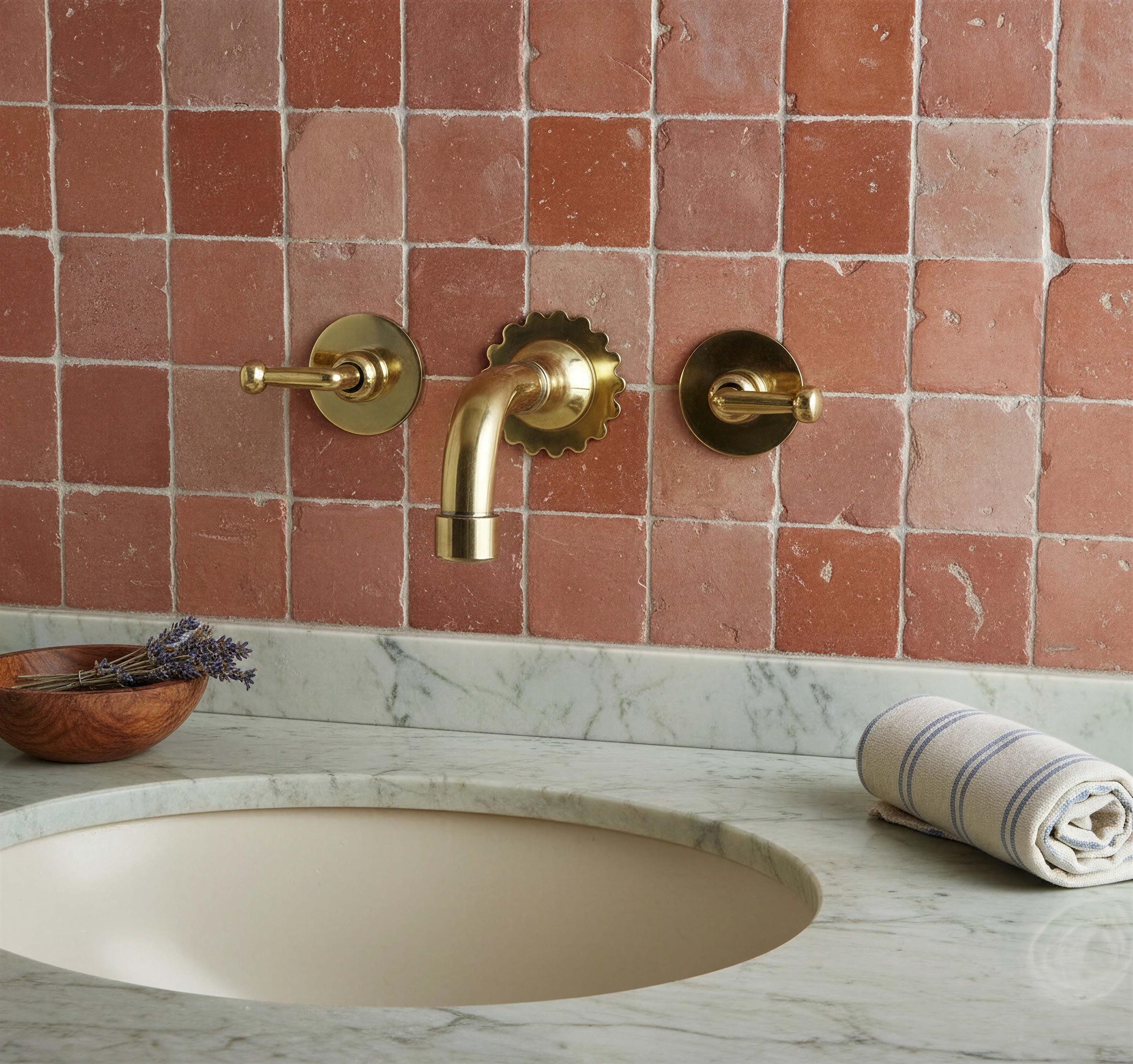 Unlacquered Brass Wall Mount Faucet - Scalloped Backplate Spout with Vintage Lever Handles