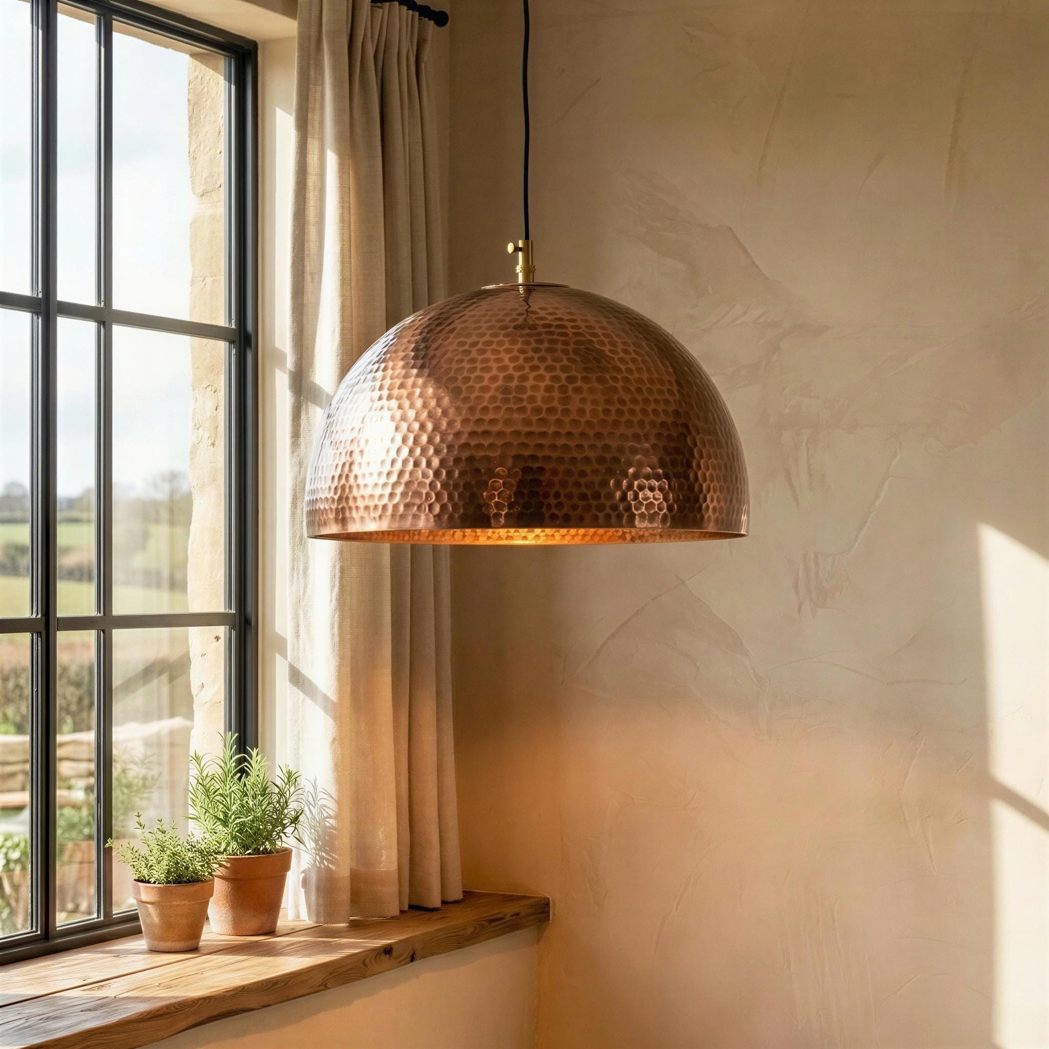 Hammered Copper Dome Pendant, Round Rustic Farmhouse Kitchen Island Lamp
