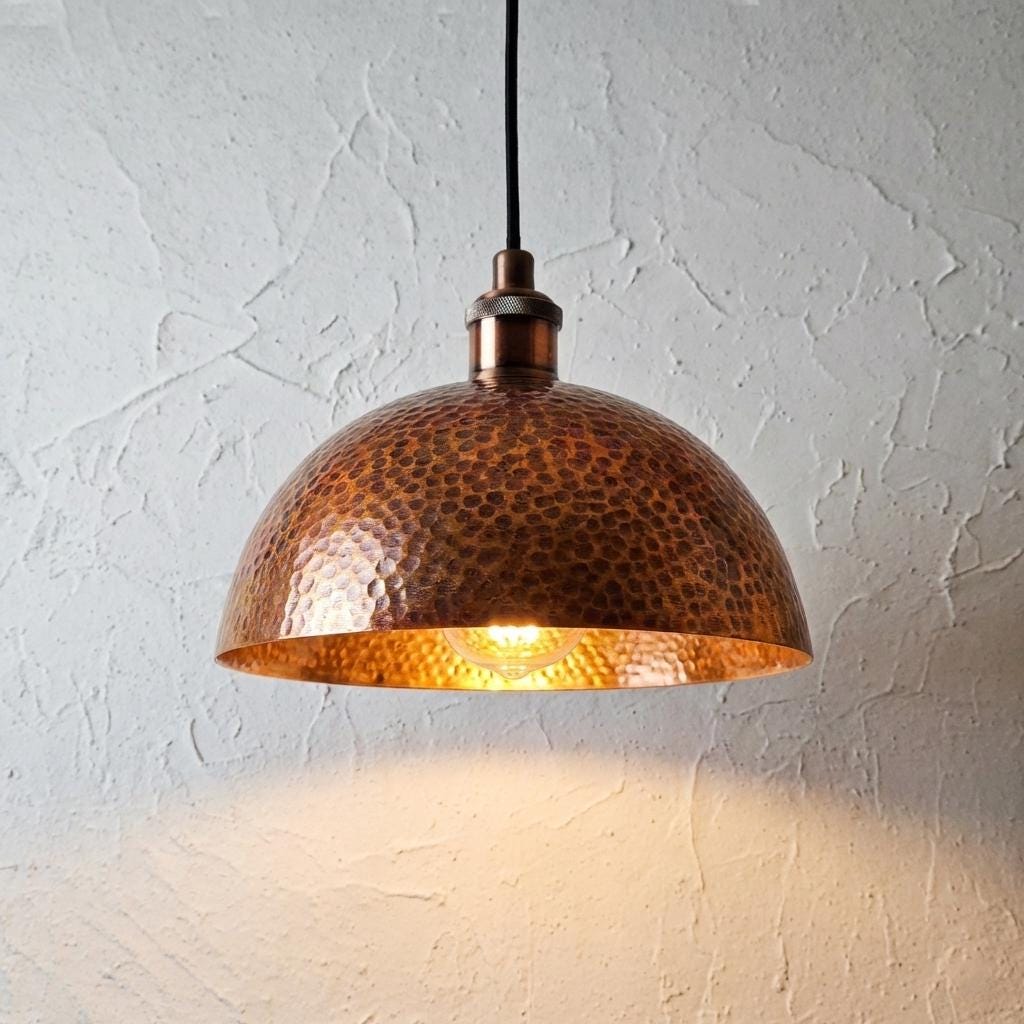 Hammered Copper Kitchen Island Lamp, Rustic Industrial Farmhouse Ceiling Fixture