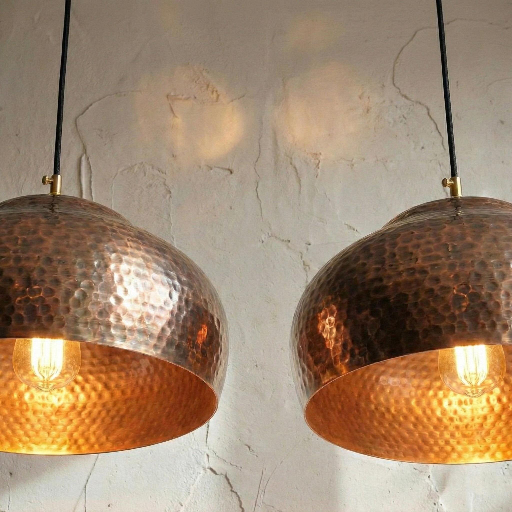 Set of 2 Handmade Hammered Copper Pendant Lights, Vintage Kitchen Lighting